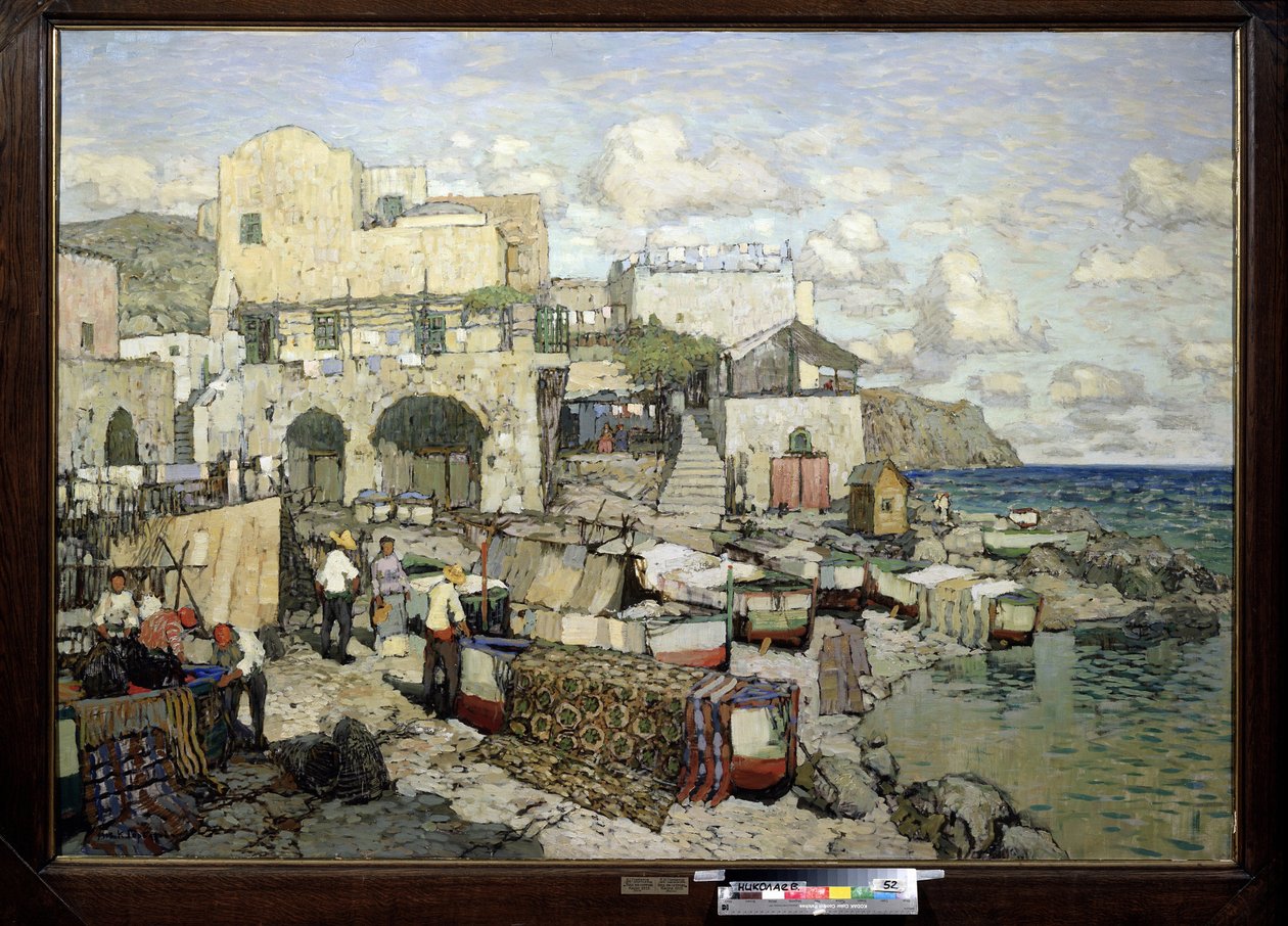 Capri adasının görünümü (İtalya). (Capri adasının görünümü). Konstantin (Constantin) Ivanovich Gorbatov'un (1876-1945) tablosu, tuval üzerine yağlı boya. 20. yüzyıl Rus sanatı, gerçekçilik. Bölgesel W. Wereshchagin Sanat Müzesi, Mykolaiv (veya Nikolaie by Konstantin Ivanovich Gorbatov