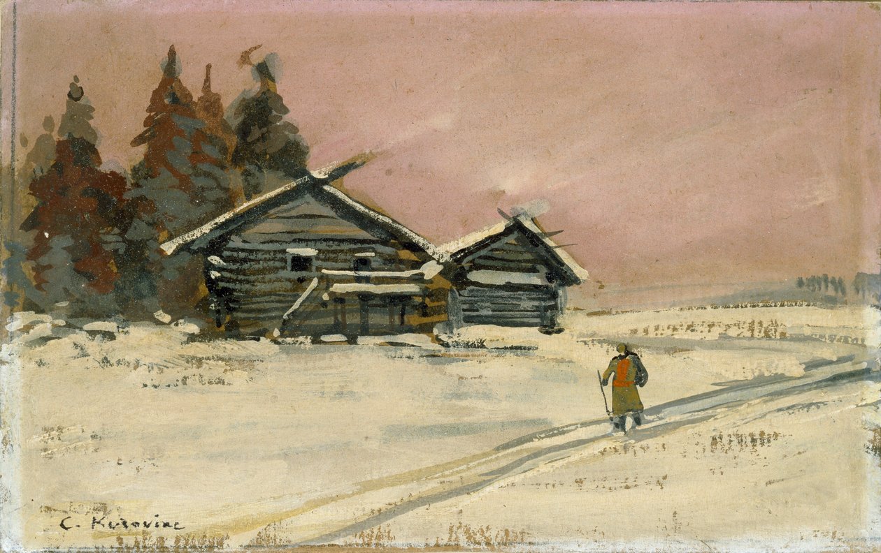 İki ahşap kulübe ile kış manzarası, 20. yüzyılın başlarında by Konstantin Korovin