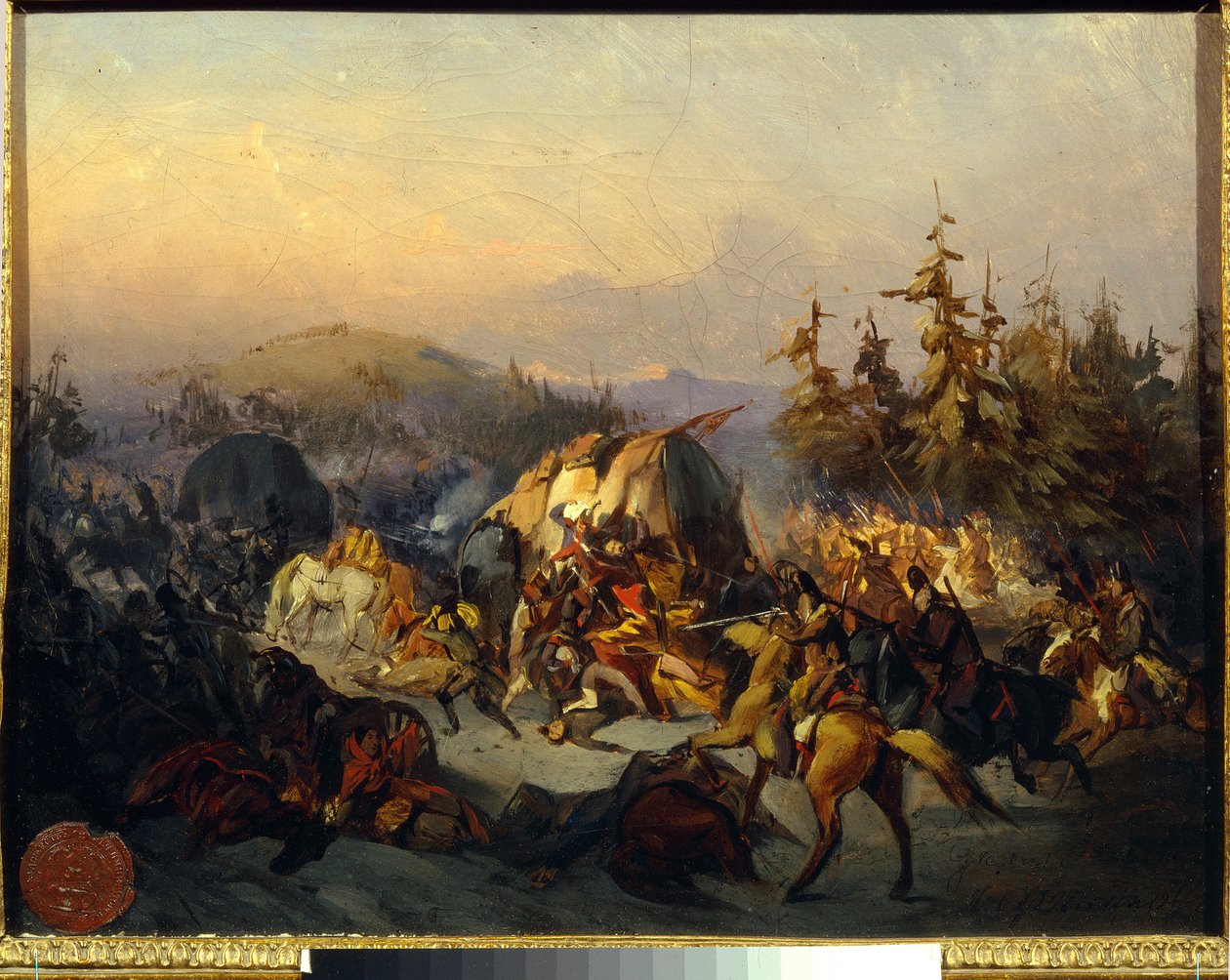 Rus Kazakları geçişte Fransız birliklerine saldırıyor, 1812