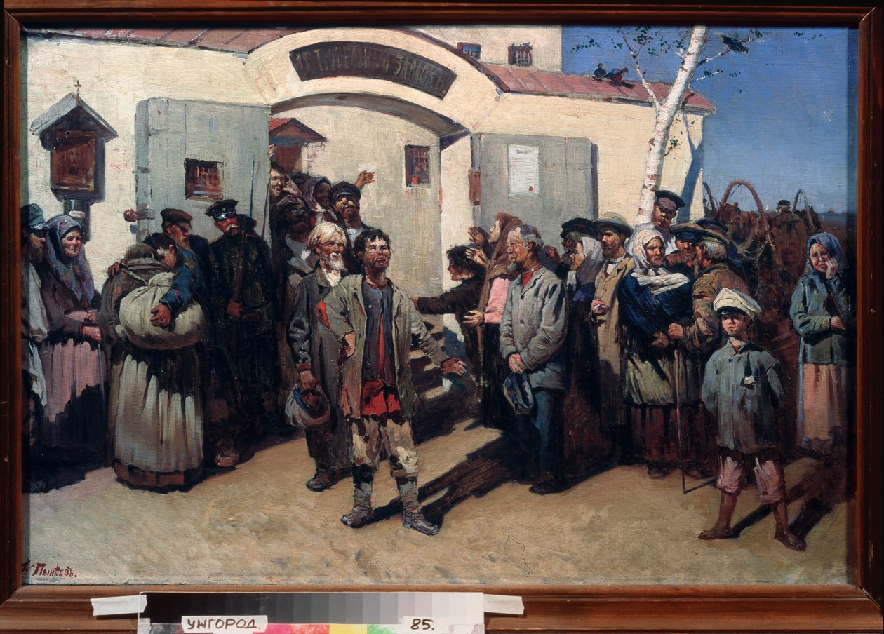 Özgürlüğe geri dön. (Cezaevindeki mahkumların serbest bırakılması, gözleri gökyüzüne dikilmiş ve hareketli bir kalabalık onları beklemektedir). Konstantin Petrovich Pyneev