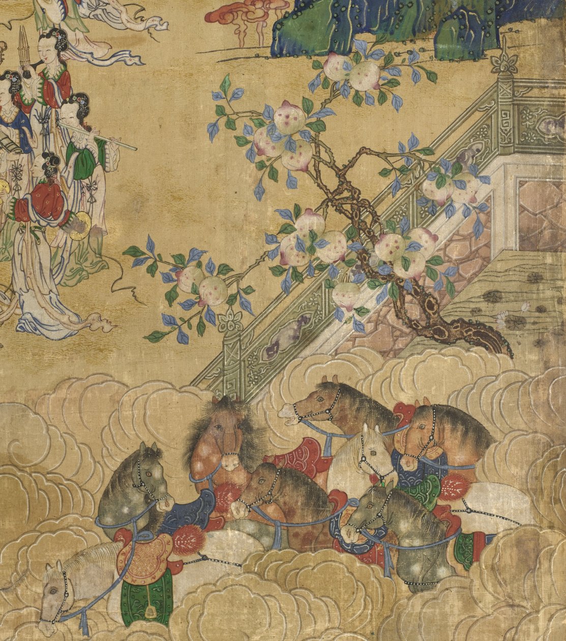 Seowangmo Ziyafetinden detay, c.1800 (ipek üzerine mürekkep, renk ve altın) by Korean School
