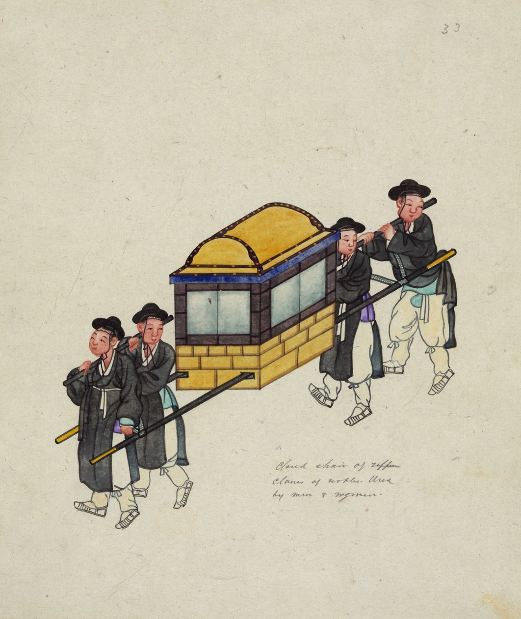 Bir "gama" veya tahtırevan içinde bir görevli taşıyan dört hamal, c.1890 by Korean School