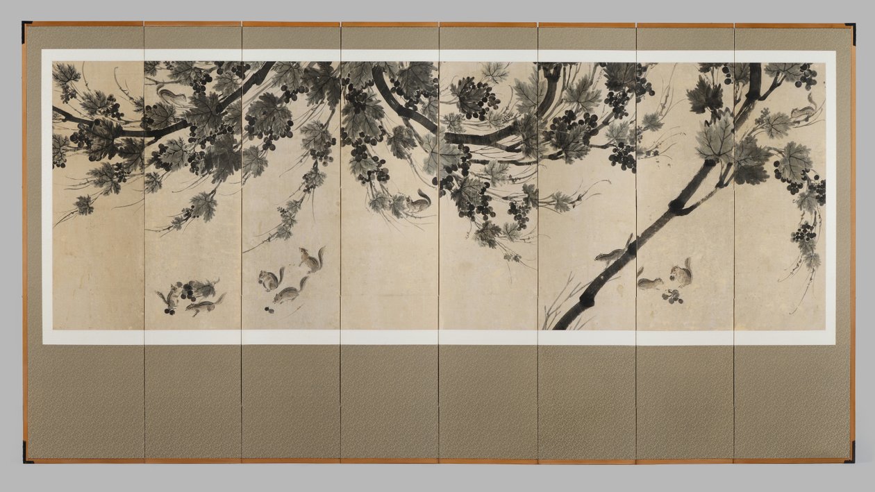 Asmalar ve Sincaplar, c.1800 (Sekiz panel ekran: kağıt üzerine mürekkep) by Korean School