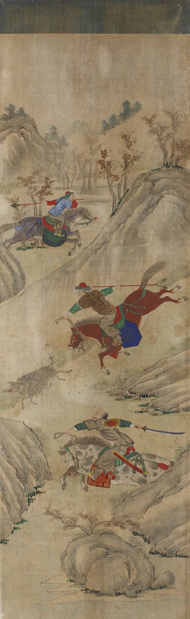 Av Sahnesi (3 binici ve yaban domuzu) (kağıt üzerinde wc) by Korean School