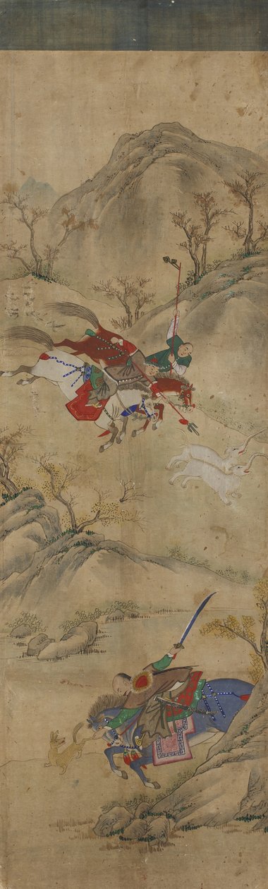Avlanma Sahnesi (tavşanlı ve efsanevi hayvanlarla 3 binici) (kağıt üzerinde wc) by Korean School