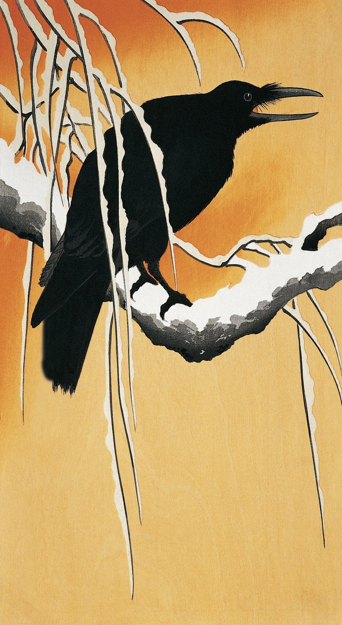 Bir dala tüneyen kuzgun (Corvus corax) by Ohara Koson