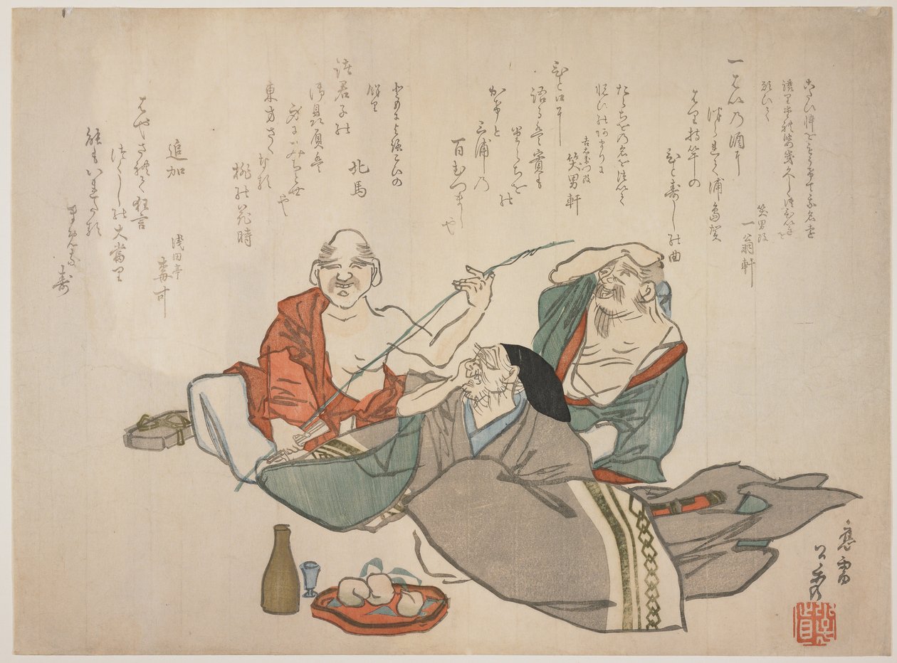 Üç yaşlı adam içiyor, c.1844-53 (renkli tahta baskı) by Ksh