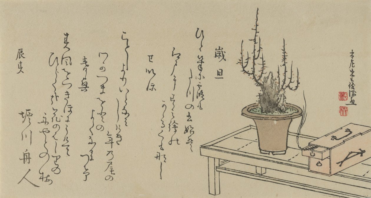 Bankta ve Kutuda Bonsai Erik Ağacı, 1796. by Kubo Shunman