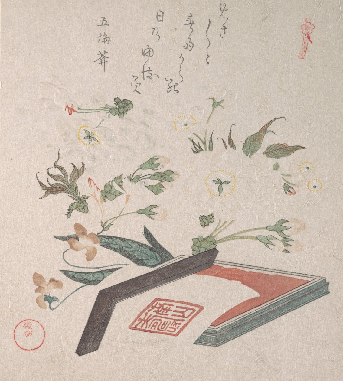 Mürekkep ve Cetvelli Kiraz Çiçekleri ve Mühür Kutusu, 19. yüzyıl. by Kubo Shunman
