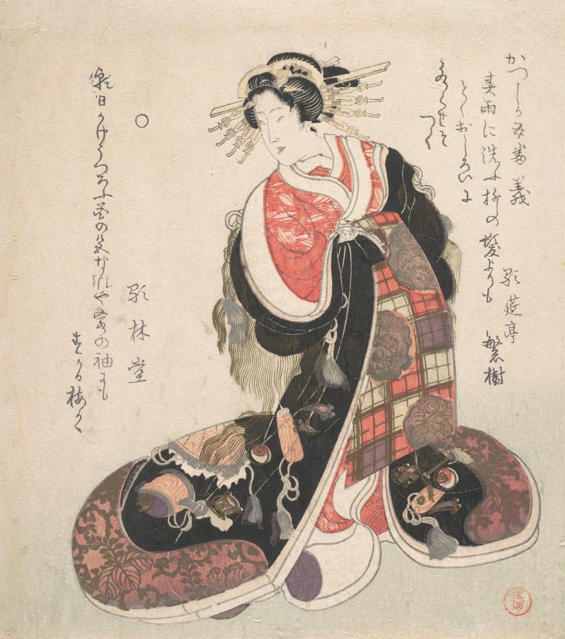 Nezaket, İyi Şans Amblemleri ile İşlemeli Ayrıntılı Bir Elbise giymiş, yakl. 1800. by Kubo Shunman