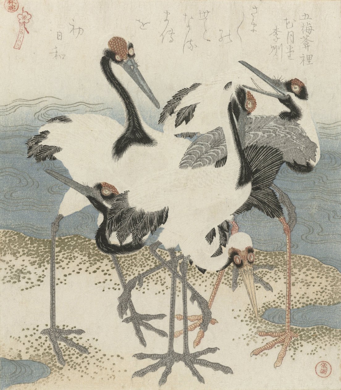 Su kenarındaki turnalar, c.1816 (renkli gravür) by Kubo Shunman