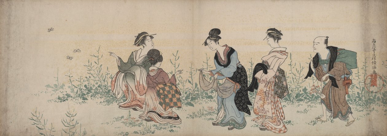 Dört kız ve bir hizmetçi kır çiçekleri ve kelebeklerin tadını çıkarıyor by Kubo Shunman