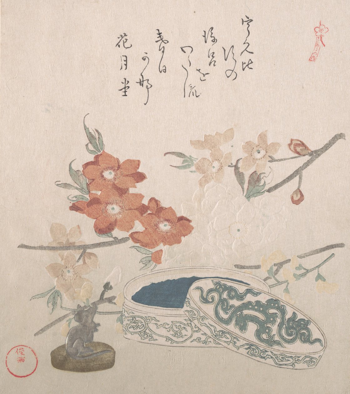 Şeftali Çiçekleri, Bir Mühür ve Bir Mühür Kutusu, 19. yüzyıl. by Kubo Shunman