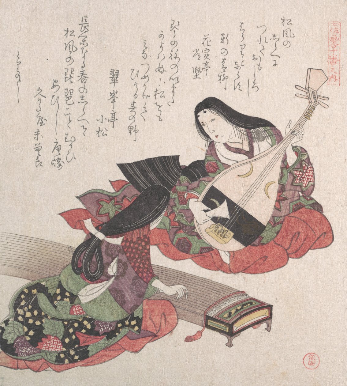 İki Bayan, Biri Biwa Japon Udunu Çalıyor ve Diğeri, Koto..., muhtemelen 1815. by Kubo Shunman