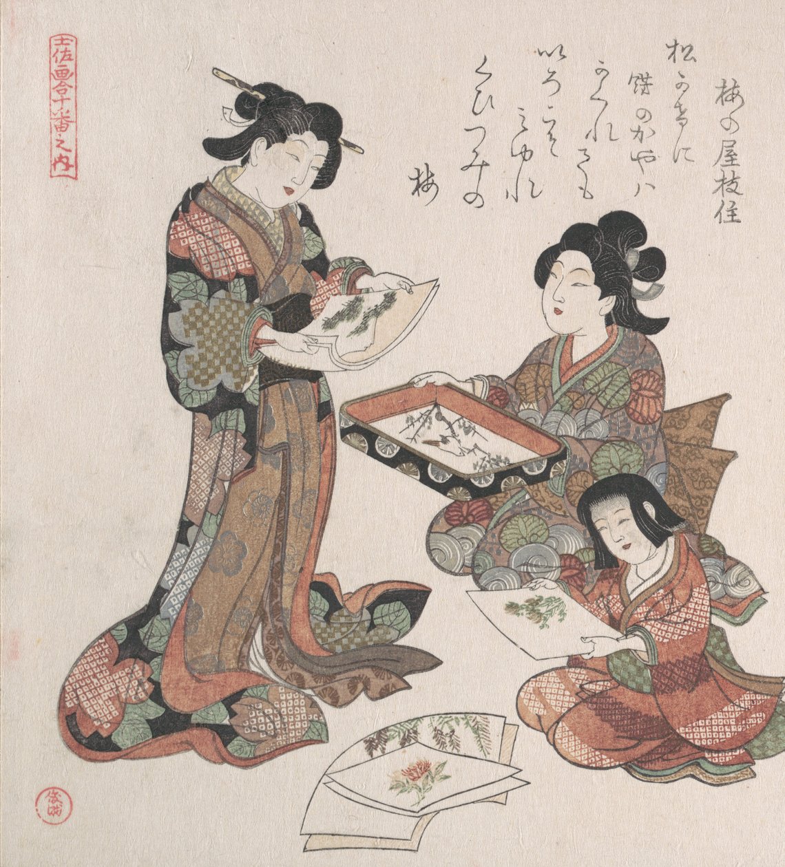 İki Kadın ve Bir Kız Tablolara Bakıyor, muhtemelen 1815. by Kubo Shunman