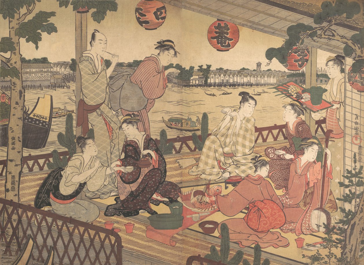 Sumida Nehri kıyısındaki bir Çayevinde Yemek Yiyen İki Genç Erkek ve Birkaç Kadın, ca. 1788. by Kubo Shunman