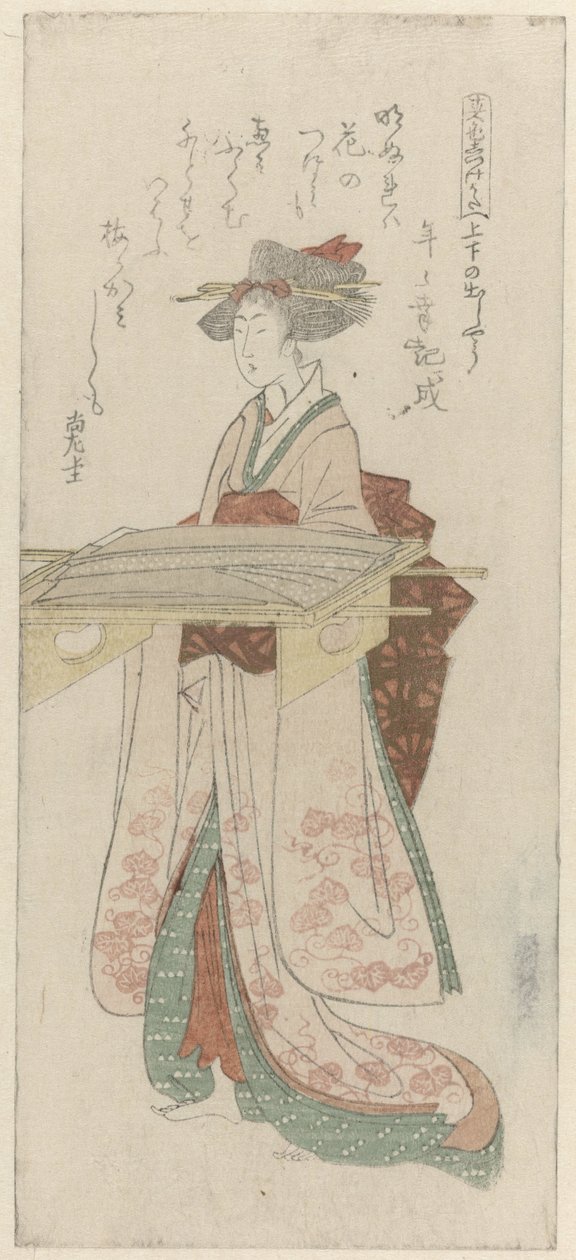 Giyim ile bir tepsi tutan kadın Aşırı kimono sunmanın yolu by Kubota Shunman