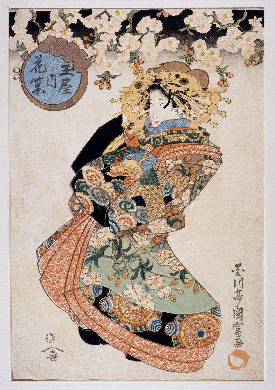 Tamaya çayevinden Courtesan Hanamurasaki, Ca 1830, Ukiyo-e sanat baskısı Utagawa Kunitomi (aktif 1810-1830), Oban-tate-e gravür, 38.2x26.5 cm, Japon uygarlığı by Kunitomi Utagawa