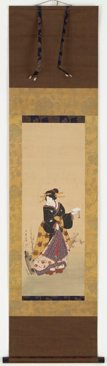 19. yüzyılın ortalarında bir erik ağacının yanında duran bir Oiran. by Kuniyuki Utagawa