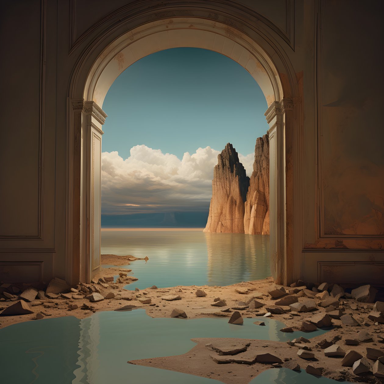 Devasa bir göl ve çölün bulunduğu kullanılmayan bir odanın büyük bir çukurda görüntüsü, yüksek kontrastlı chiaroscuro sıcak tonlar 1 by Kurt Heppke