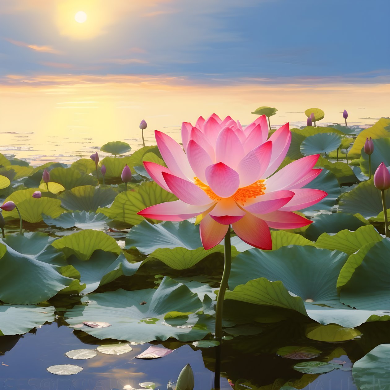 Berrak su yüzeyinde büyük ve güzel lotus çiçekleri açar, yeşil lotus yaprakları ve lotus çiçeklerinin üzerinde çiy bulunur. Gün batımı su yüzeyinde parlıyor 2 by Kurt Heppke