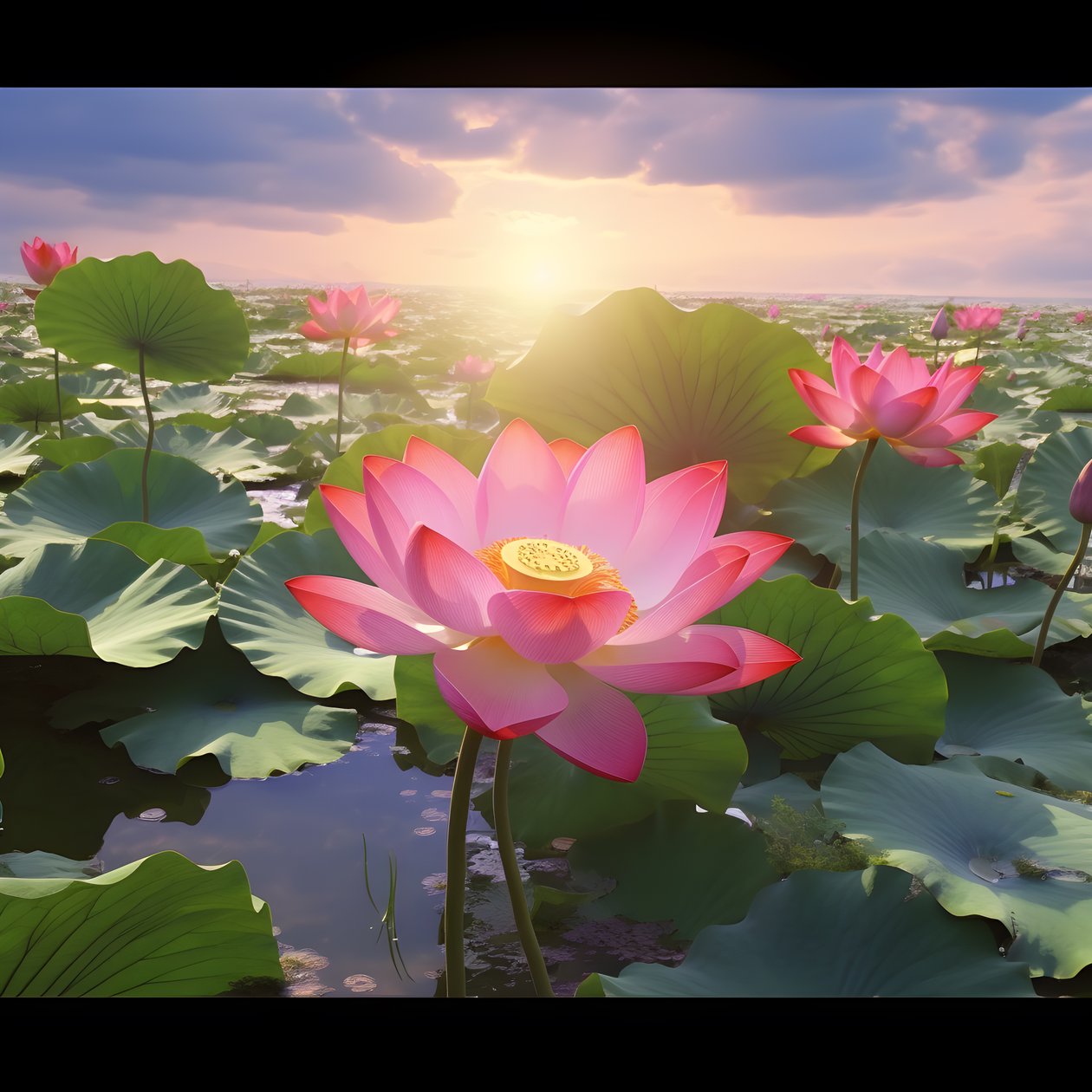 Berrak su yüzeyinde büyük ve güzel lotus çiçekleri açar, yeşil lotus yaprakları ve lotus çiçeklerinin üzerinde çiy bulunur. Gün batımı su yüzeyinde parlıyor 3 by Kurt Heppke