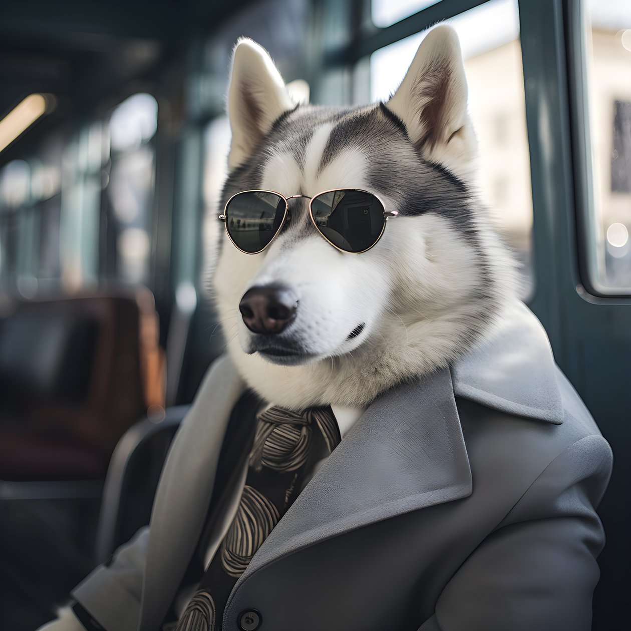 Otobüs durağında takım elbiseli ve güneş gözlüklü bir Sibirya Husky köpeği, bir beyefendi gibi 1 by Kurt Heppke