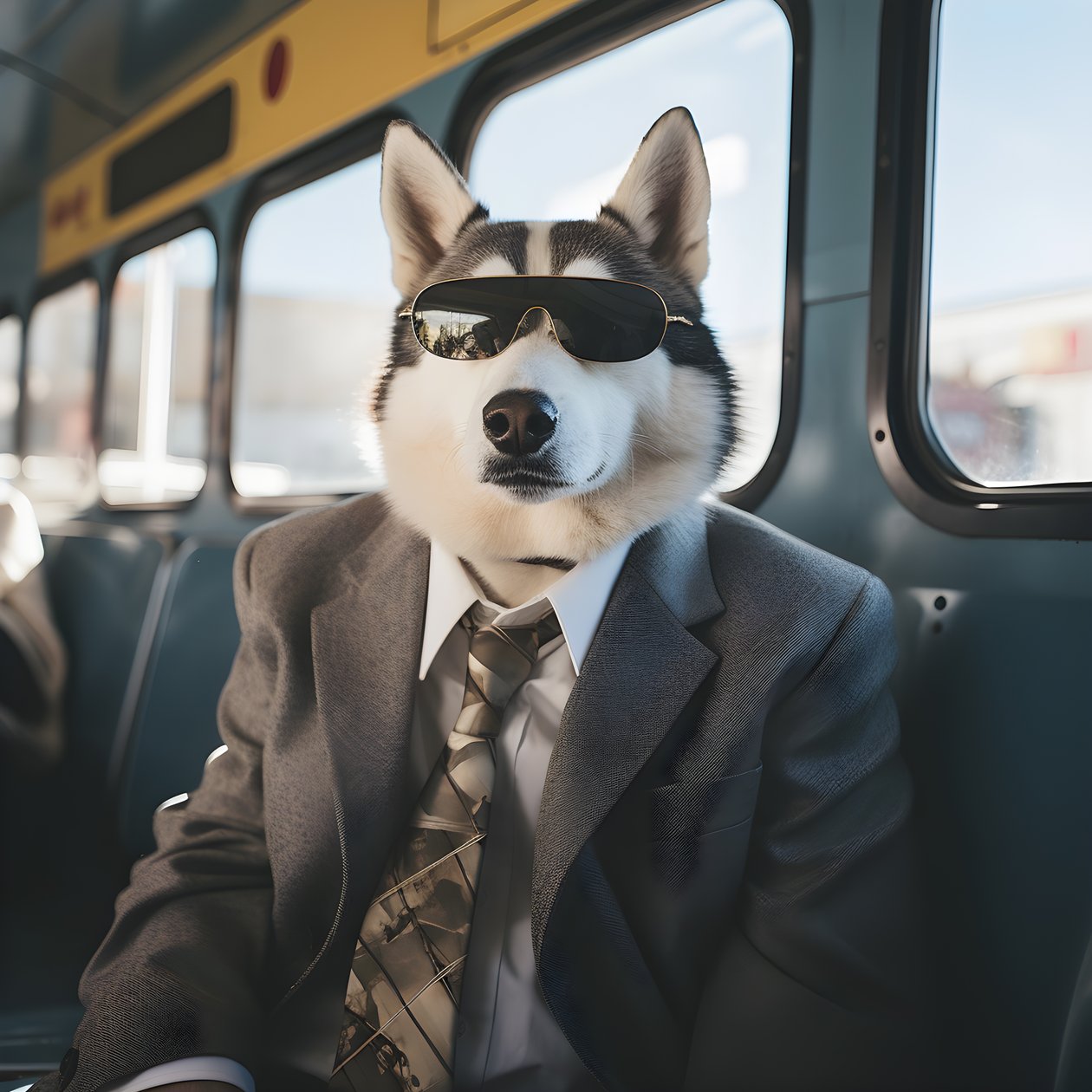 Otobüs durağında takım elbiseli ve güneş gözlüklü bir Sibirya Husky köpeği, bir beyefendi gibi 2 by Kurt Heppke
