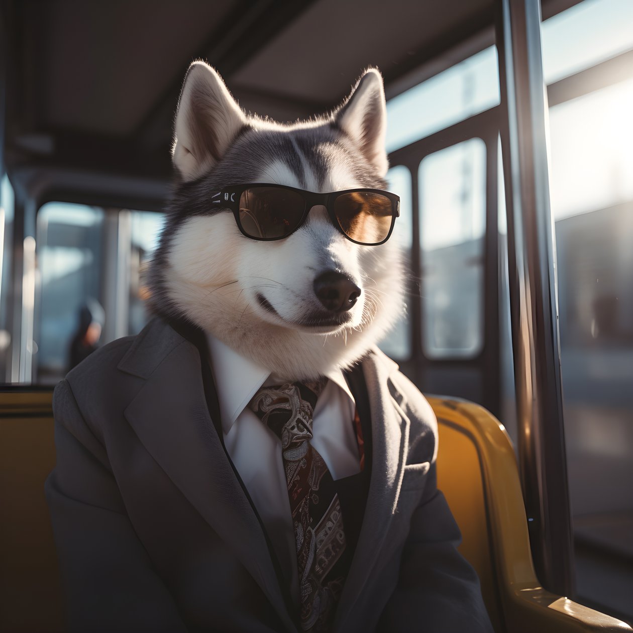 Otobüs durağında takım elbiseli ve güneş gözlüklü bir Sibirya Husky köpeği, bir beyefendi gibi 3 by Kurt Heppke