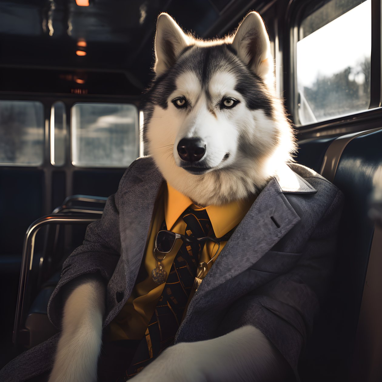 Otobüs durağında takım elbiseli ve güneş gözlüklü bir Sibirya Husky köpeği, bir beyefendi gibi 4 by Kurt Heppke