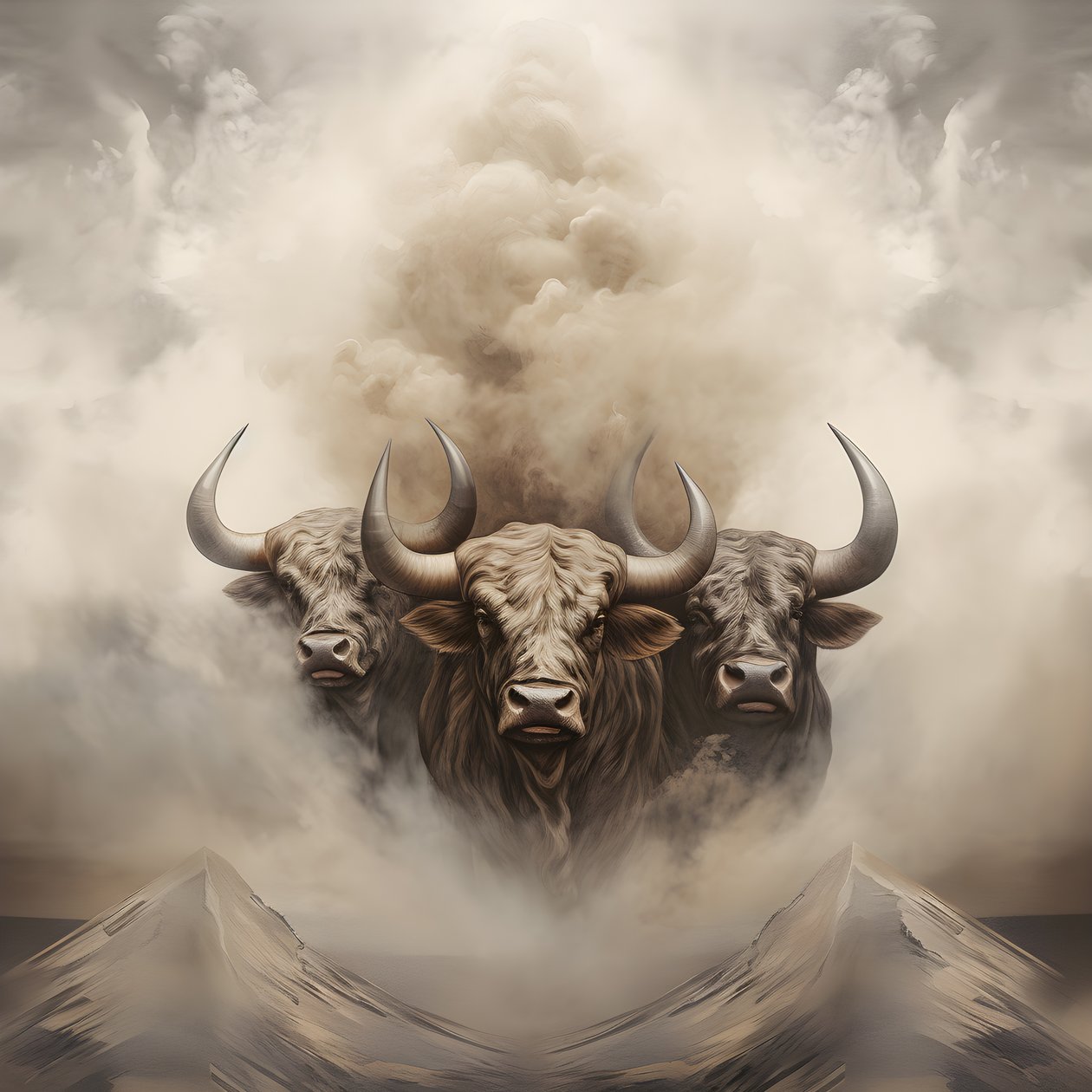 Bir fraktal soyut tuval resmi, bej ve beyaz duman dokusu. Ufukta Ağrı Dağı ile dumandan çıkan 3 siyah boğa. New York'ta Wall Street'teki boğaları anımsatan pozlar. 1 by Kurt Heppke