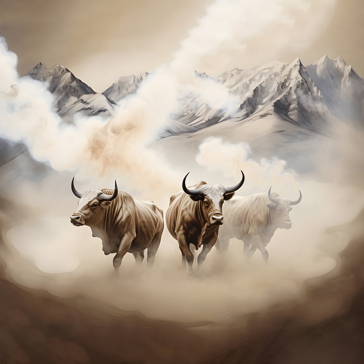 Bir fraktal soyut tuval resmi, bej ve beyaz duman dokusu. Ufukta Ağrı Dağı ile dumandan çıkan 3 siyah boğa. New York'ta Wall Street'teki boğaları anımsatan pozlar. 4 by Kurt Heppke