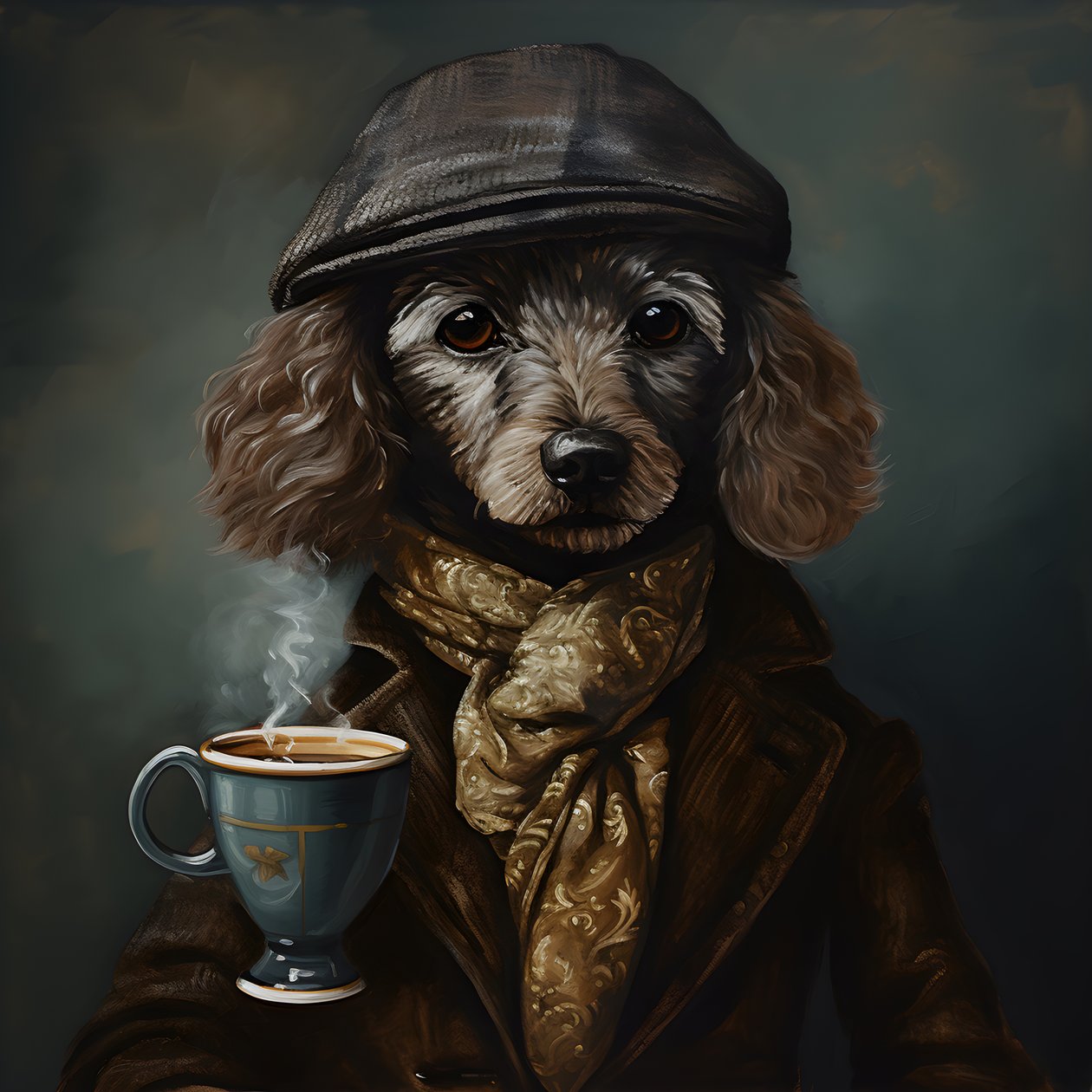 Kültürlü bir fino köpeği bir fincan çay içer, balıkçı yakalı ve düz şapkalı, dumanlı arka plan 1 by Kurt Heppke
