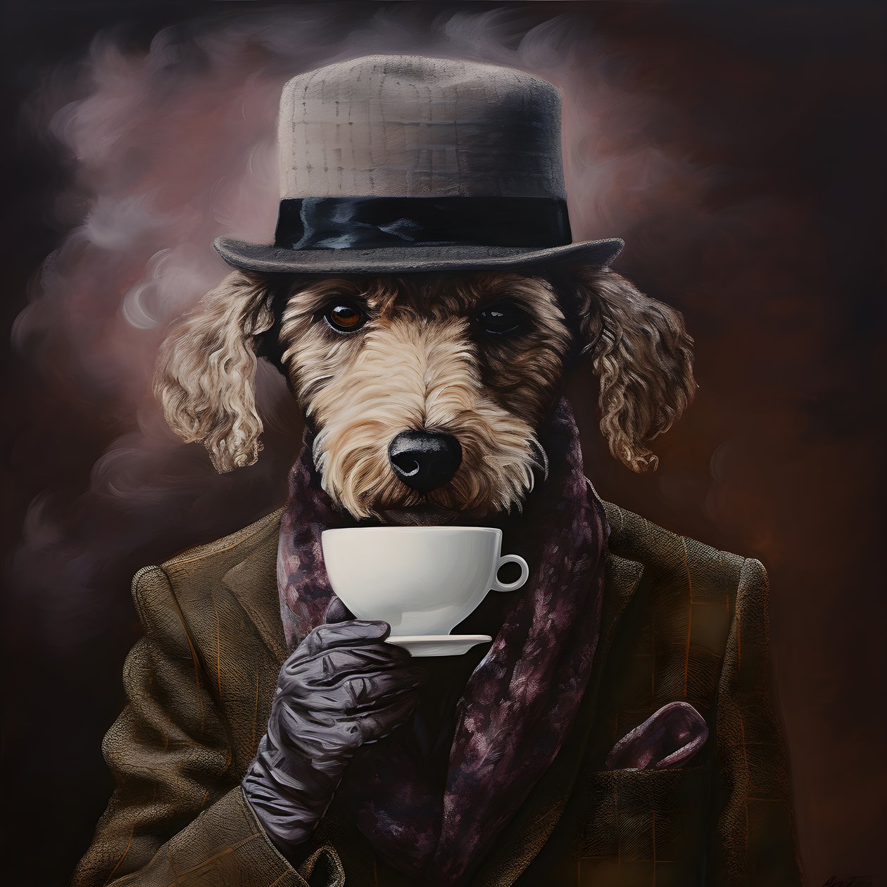 Kültürlü bir fino köpeği bir fincan çay içer, balıkçı yaka kazak ve düz bir şapka takar, dumanlı arka plan 3 by Kurt Heppke
