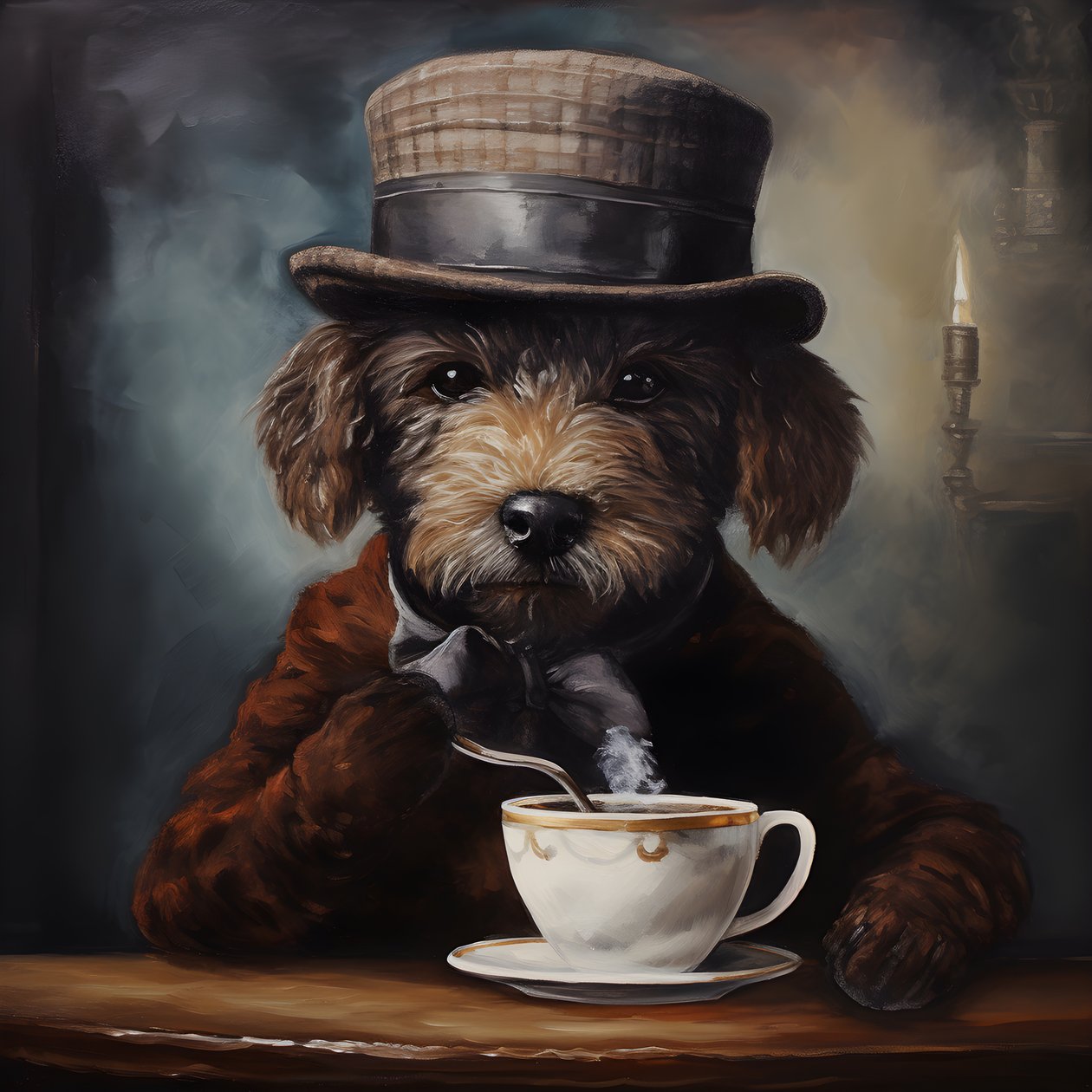 Kültürlü bir fino köpeği bir fincan çay içer, balıkçı yaka ve düz şapka takar, dumanlı arka plan 4 by Kurt Heppke