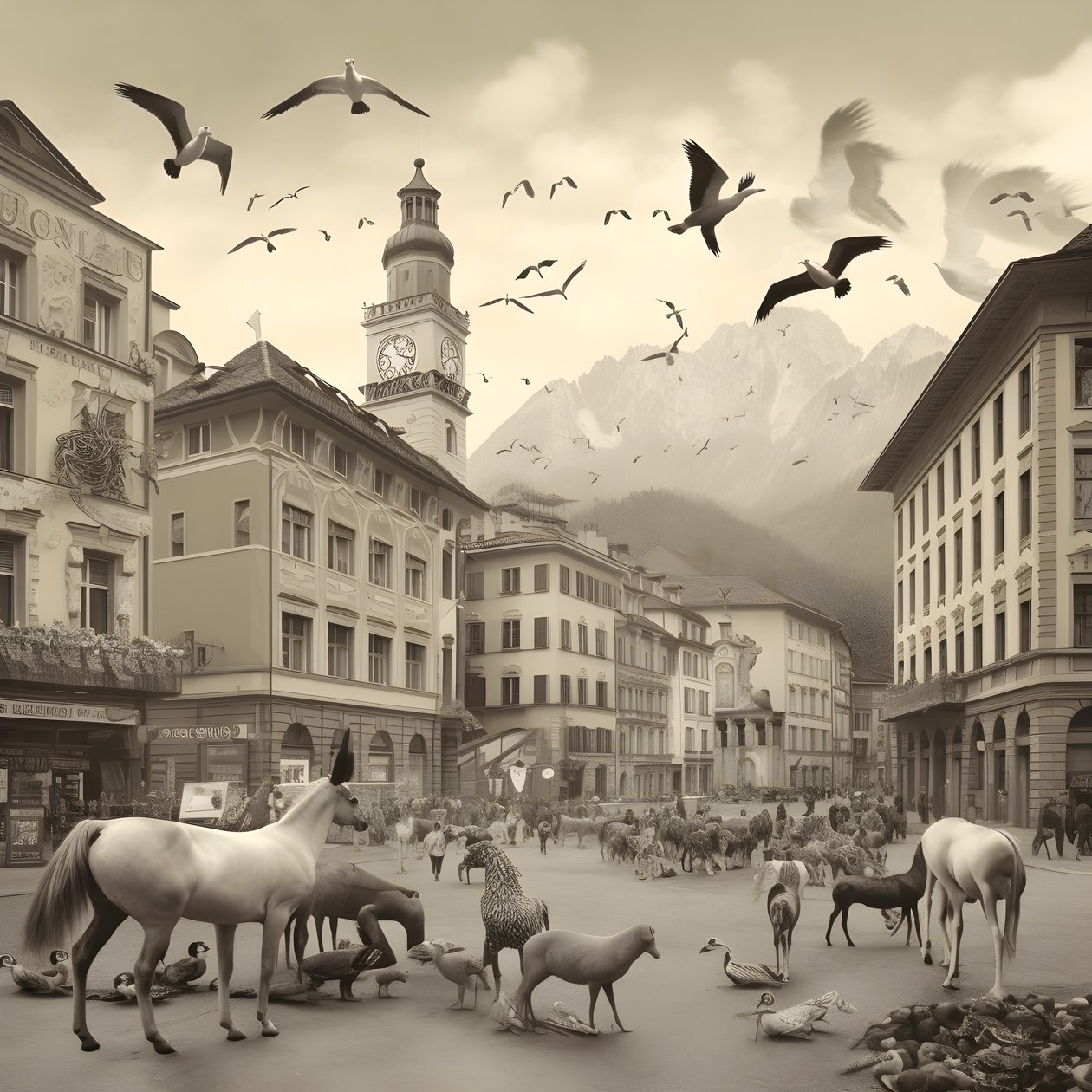 Zarif zebralar, martılar, maymunlar ve kil figürleriyle eski bir fotoğrafta Innsbruck. 1 by Kurt Heppke