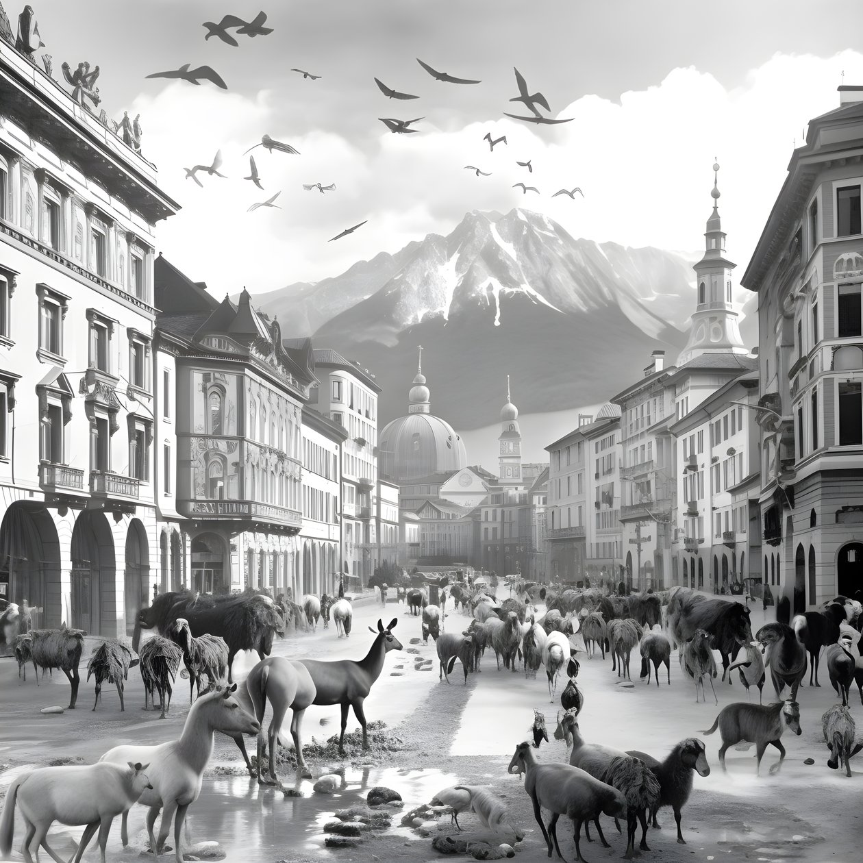 Zarif zebralar, martılar, maymunlar ve kil figürleriyle eski bir fotoğrafta Innsbruck. 2 by Kurt Heppke