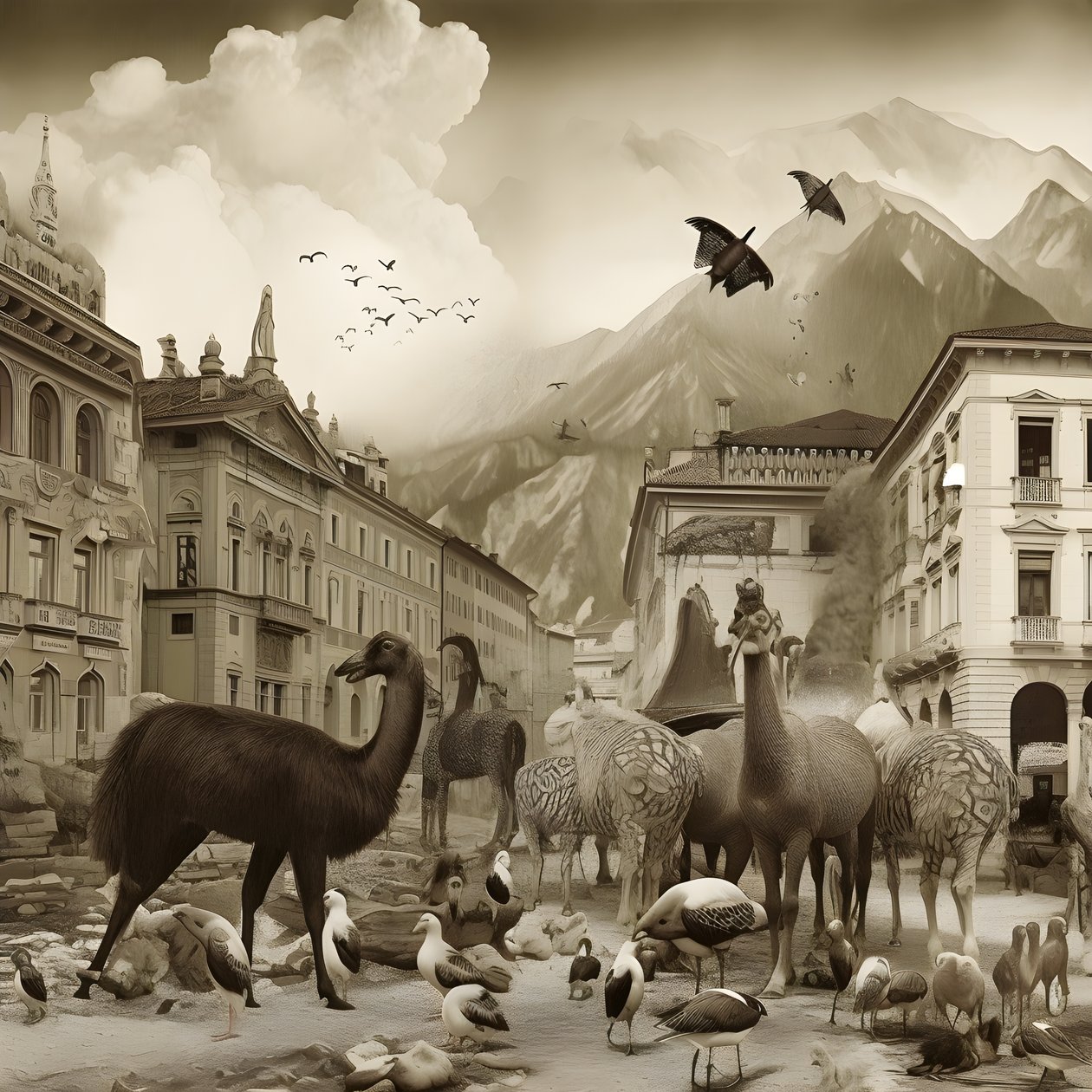 Zarif zebralar, martılar, maymunlar ve kil figürleriyle eski bir fotoğrafta Innsbruck. 3 by Kurt Heppke