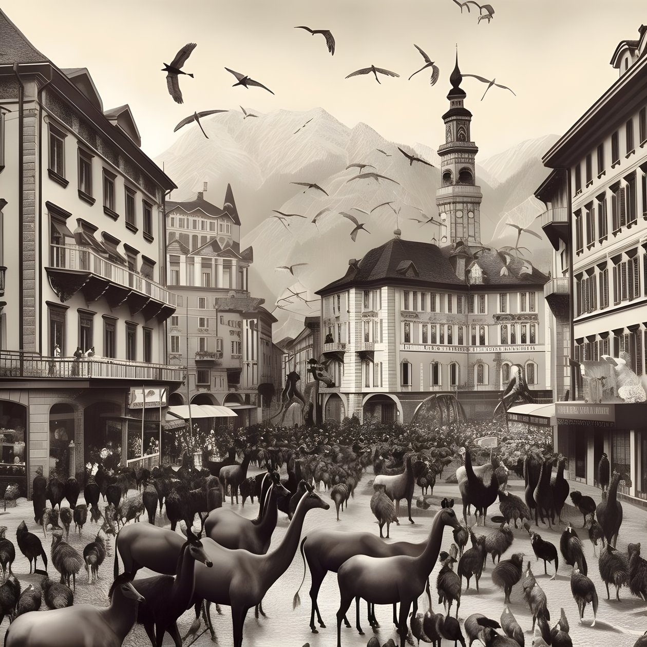 Zarif zebralar, martılar, maymunlar ve kil figürleriyle eski bir fotoğrafta Innsbruck. 4 by Kurt Heppke