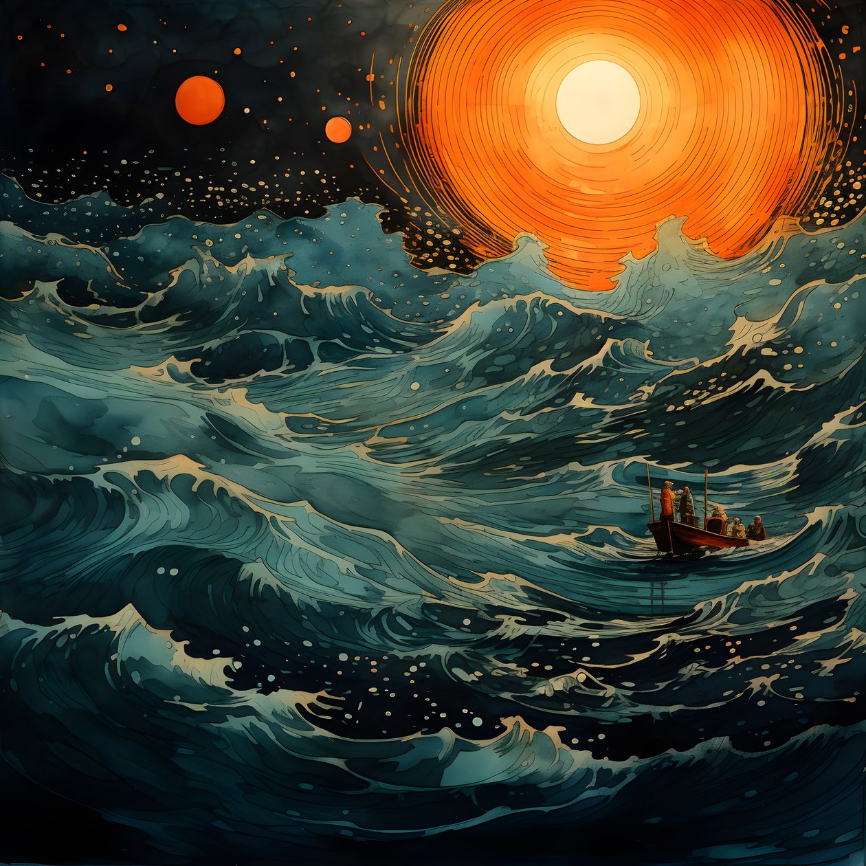 İki tekne, Kuzey Denizi#39;nin boş dünyasındaki tek ışık olan dolunay olan, dönen Charybdis#39;e doğru, mürekkep rengi suyun içinden sessizce süzülüyordu. 3 by Kurt Heppke