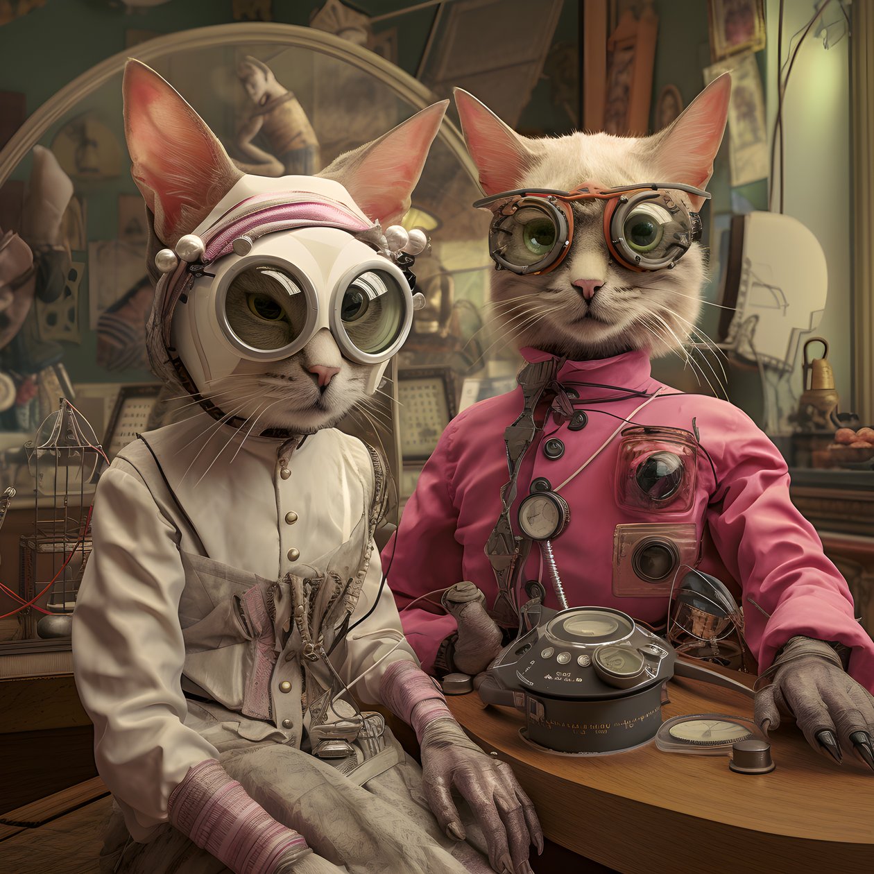 İki antropomorfik kedi, erkek kedi ve kedi, Kubrickian Synthetic 1 by Kurt Heppke