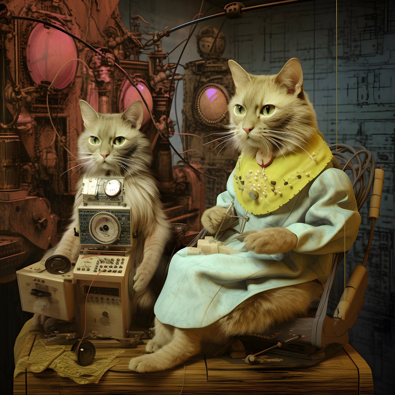 İki antropomorfik kedi, erkek kedi ve kedi, Kubrickian Synthetic 2 by Kurt Heppke