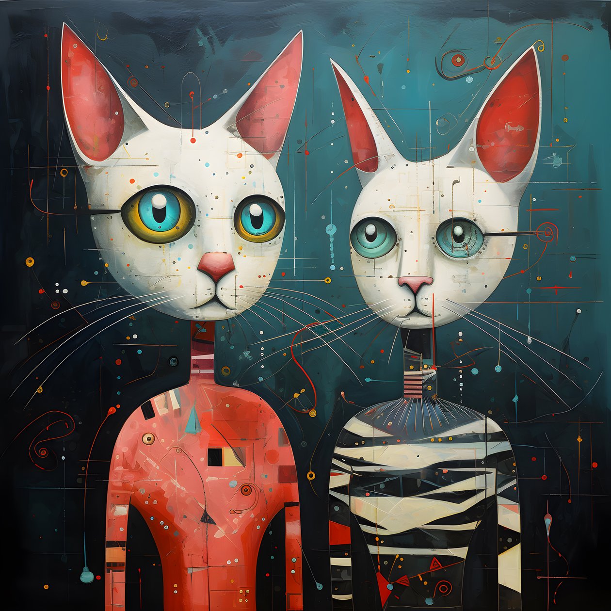 İki antropomorfik kedi, erkek kedi ve kedi, Kubrickian Synthetic 3 by Kurt Heppke