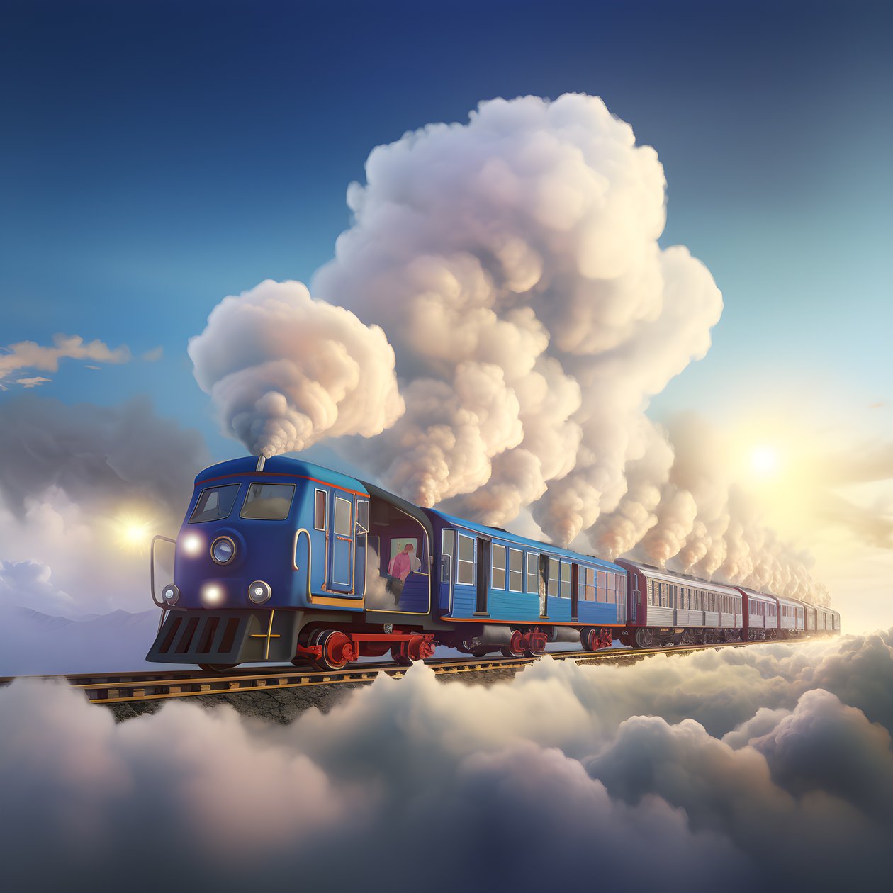 bir iplik tarafından asılı bulutların arasından uçan hızlı hareket eden bir sosyal medya treni 2 by Kurt Heppke