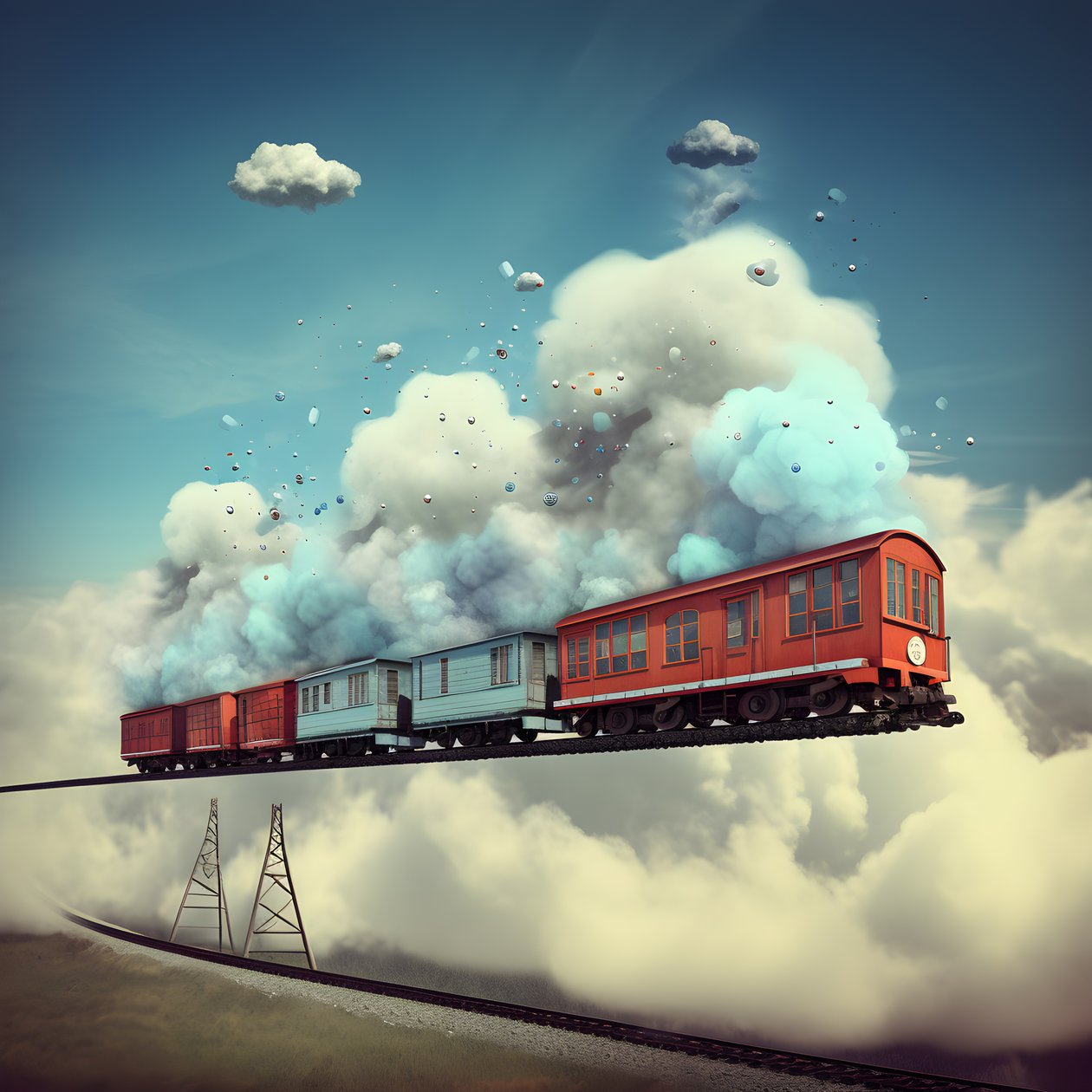 bir iplik tarafından asılı bulutların arasından uçan hızlı hareket eden bir sosyal medya treni 3 by Kurt Heppke