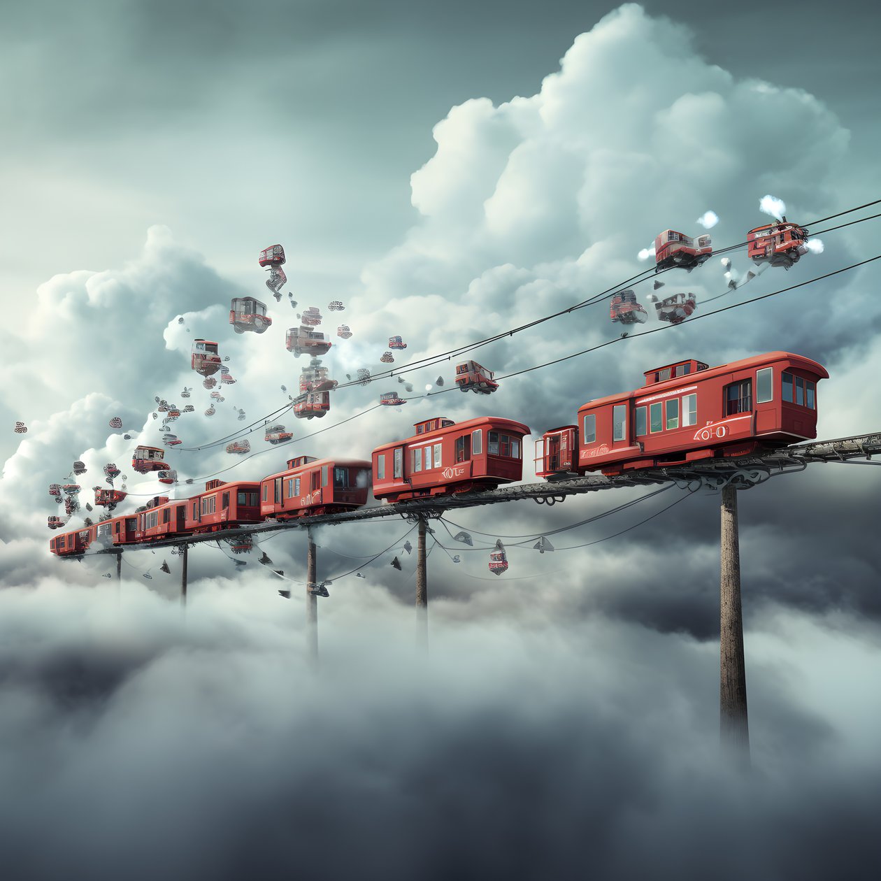 bir iplik tarafından asılı bulutların arasından uçan hızlı hareket eden bir sosyal medya treni 4 by Kurt Heppke