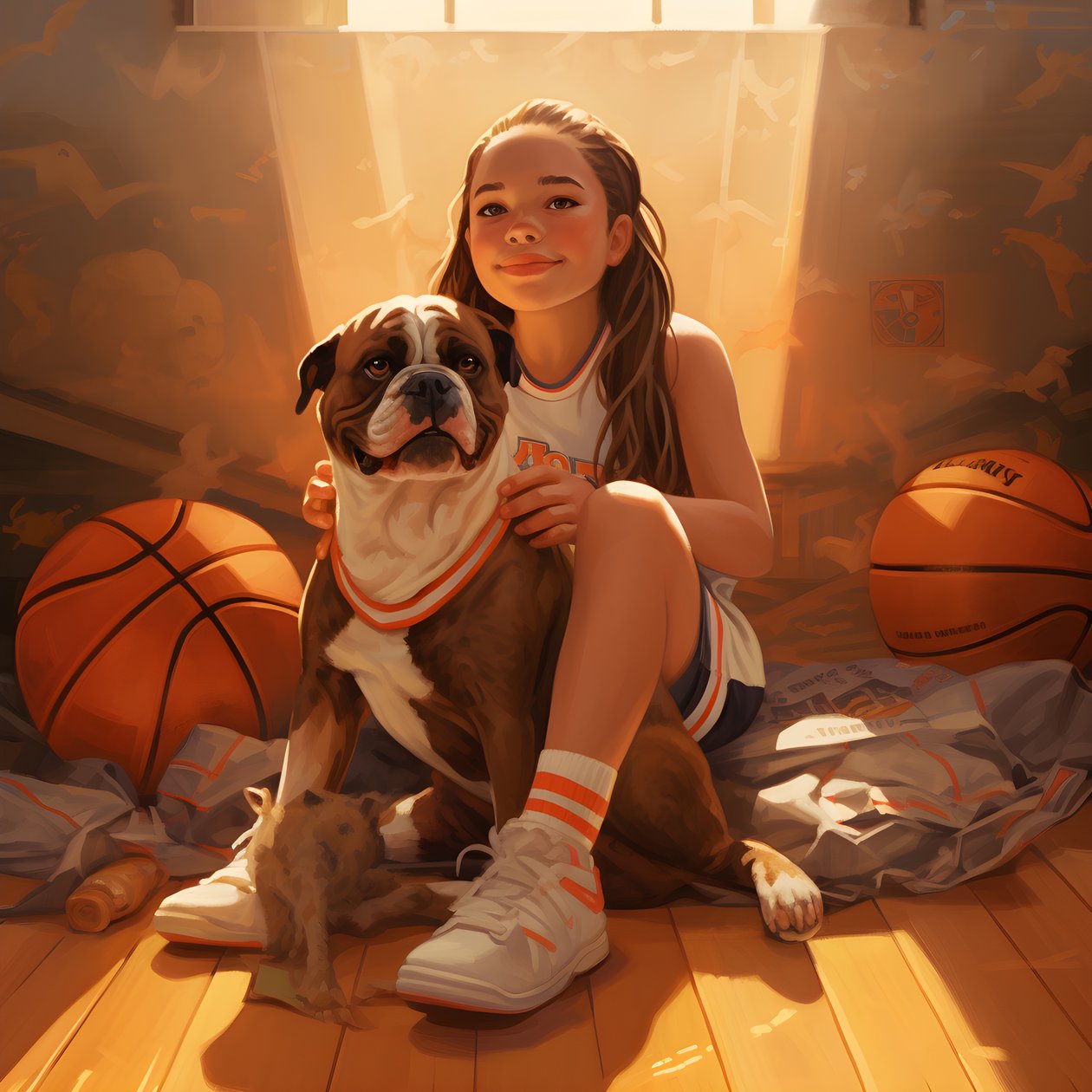 10 yaşında bir kız, elinde 4 resmi olan bir dosyayla köpeğiyle yerde oturmuş bekliyor. by Kurt Heppke