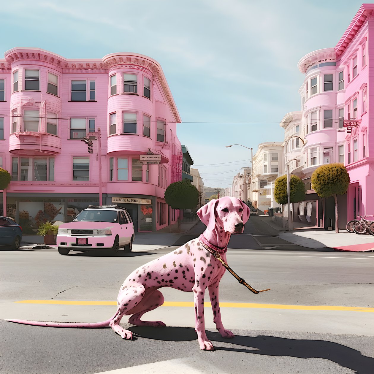 san fransisco 4 şehrinin ortasında pembe bir köpek by Kurt Heppke
