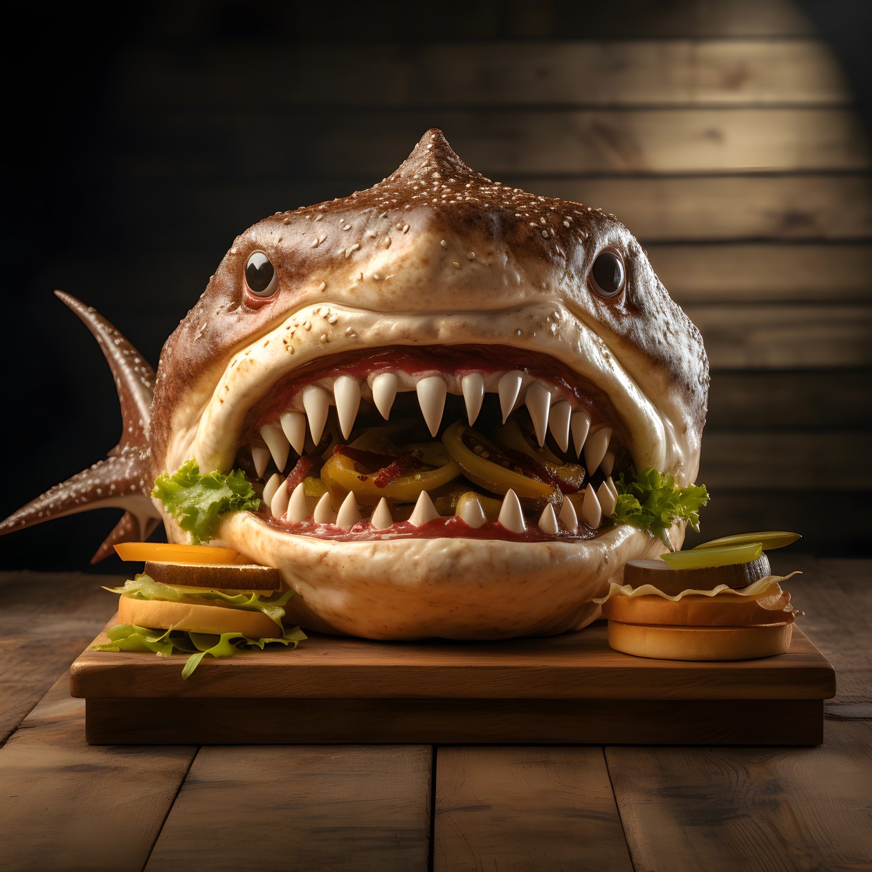 büyük köpekbalığı kafalı çizburger ahşap tahtada sığır eti ile 2 by Kurt Heppke