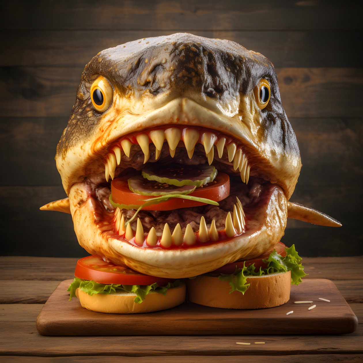 büyük köpekbalığı kafalı çizburger ahşap tahtada sığır eti ile 4 by Kurt Heppke